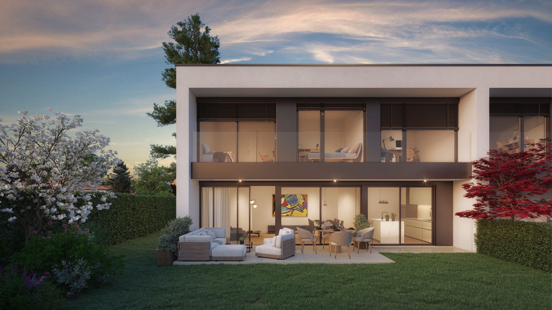 Villa contemporaine signée Maisons du Léman, au crépuscule
